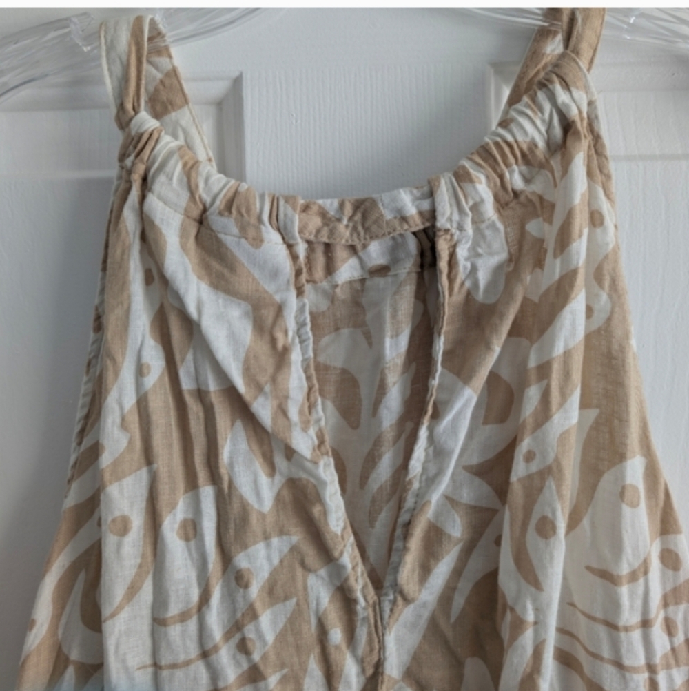 Rachel Zoe Beach Dress Coverup Linen Blend Tan White Leaf Print Small Summer - Picture 5 of 10